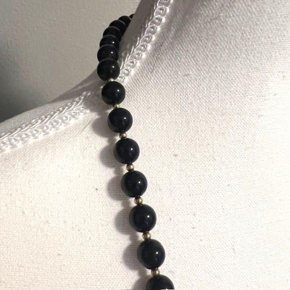 VTG Monet Black Round Beads with Gold Tone Spacers 30 Inch Necklace - Picture 4 of 8